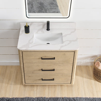 Meuble-lavabo Porto avec plan de travail en pierre de quartz blanche, sans miroir.