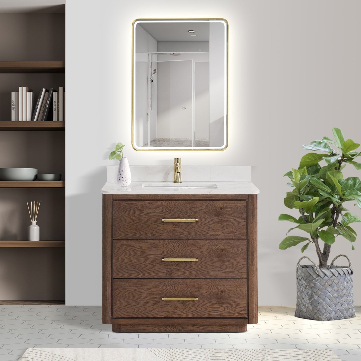 Meuble-lavabo Porto avec plan de travail en pierre de quartz blanche, sans miroir.