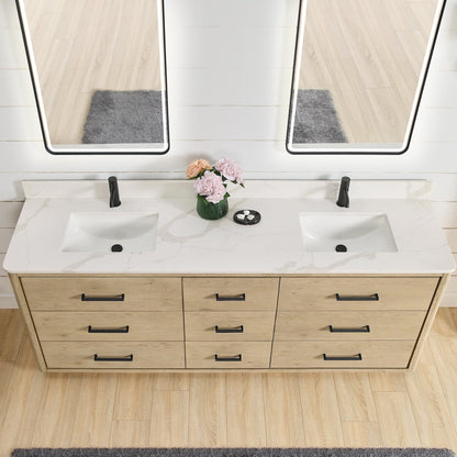 Meuble-lavabo Porto avec plan de travail en pierre de quartz blanche, sans miroir.