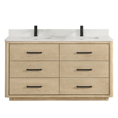 Meuble-lavabo Porto avec plan de travail en pierre de quartz blanche, sans miroir.