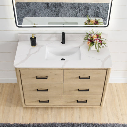 Meuble-lavabo Porto avec plan de travail en pierre de quartz blanche, sans miroir.