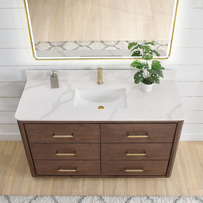 Meuble-lavabo Porto avec plan de travail en pierre de quartz blanche, sans miroir.