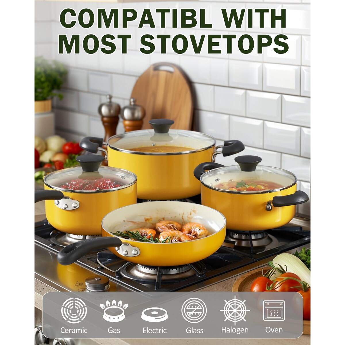 Ensemble de casseroles et poêles antiadhésives, ensemble de cuisine en céramique 10 pièces, ensemble de cuisson antiadhésif avec casseroles.