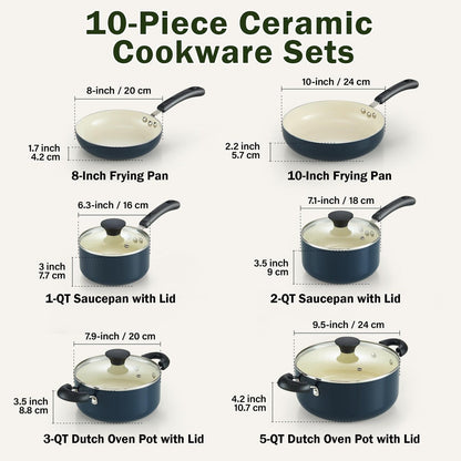 Ensemble de casseroles et poêles antiadhésives, ensemble de cuisine en céramique 10 pièces, ensemble de cuisson antiadhésif avec casseroles.