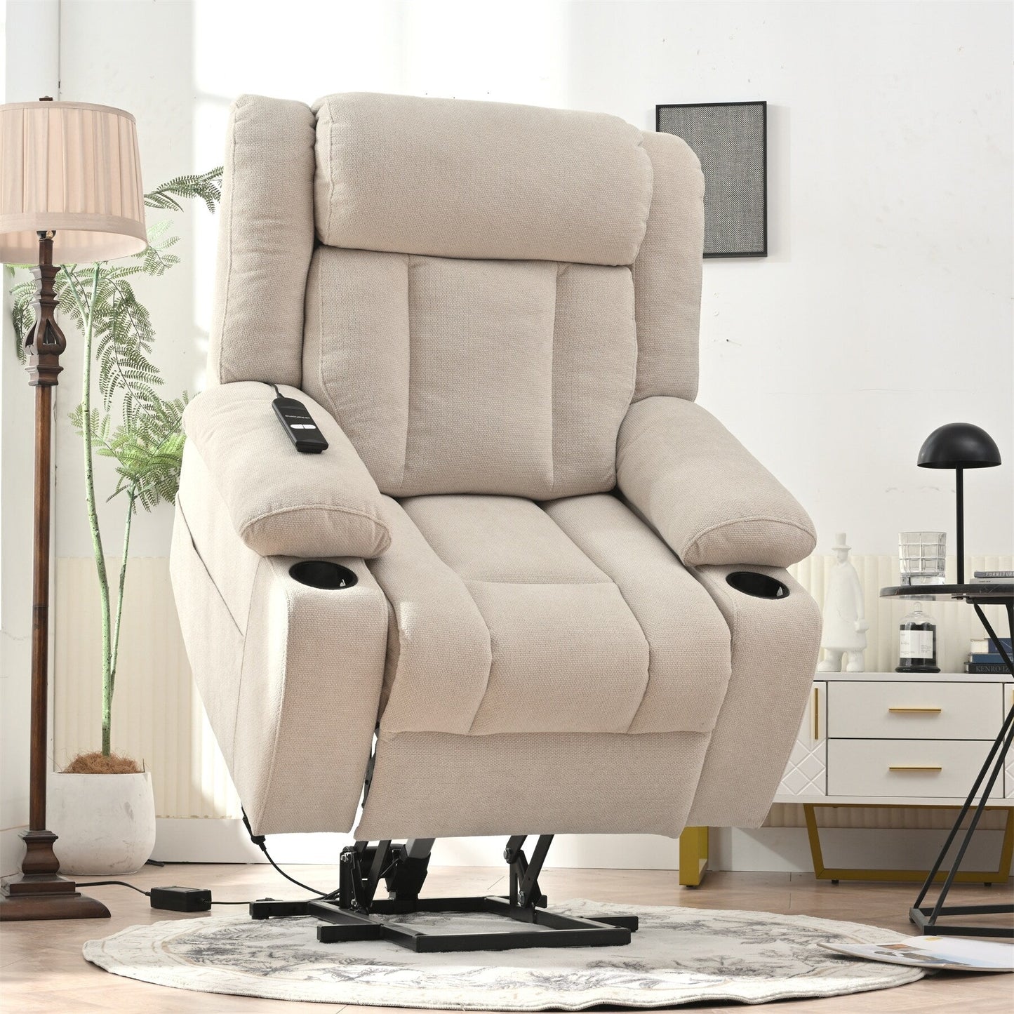 Fauteuil releveur électrique pour personnes âgées, fauteuils releveurs en tissu avec repose-pieds extensible, avec 2 porte-gobelets, poches latérales, télécommande.