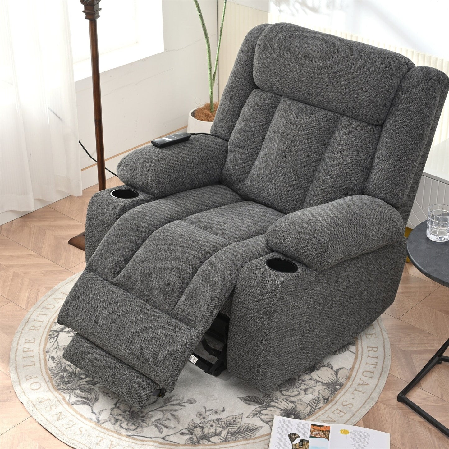 Fauteuil releveur électrique pour personnes âgées, fauteuils releveurs en tissu avec repose-pieds extensible, avec 2 porte-gobelets, poches latérales, télécommande.