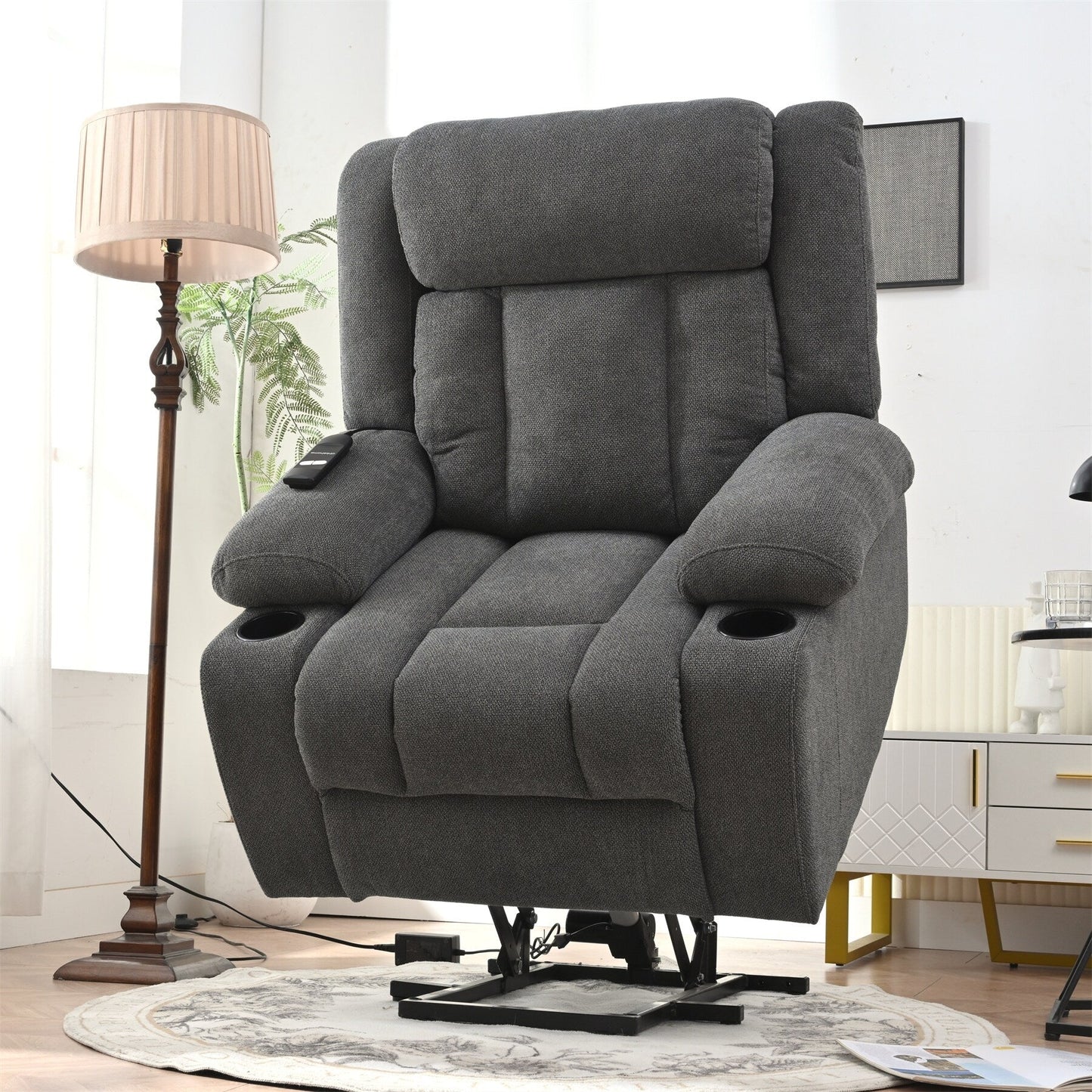 Fauteuil releveur électrique pour personnes âgées, fauteuils releveurs en tissu avec repose-pieds extensible, avec 2 porte-gobelets, poches latérales, télécommande.