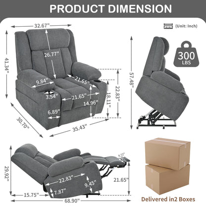 Fauteuil releveur électrique pour personnes âgées, fauteuils releveurs en tissu avec repose-pieds extensible, avec 2 porte-gobelets, poches latérales, télécommande.