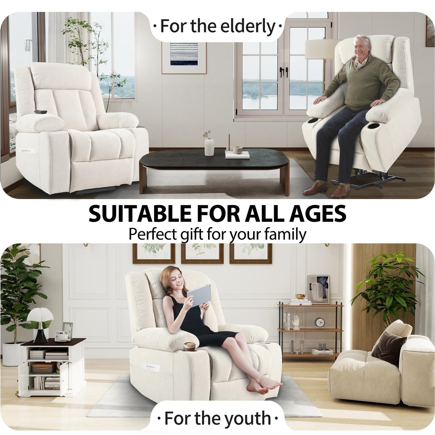 Fauteuil releveur électrique pour personnes âgées, fauteuils releveurs en tissu avec repose-pieds extensible, avec 2 porte-gobelets, poches latérales, télécommande.