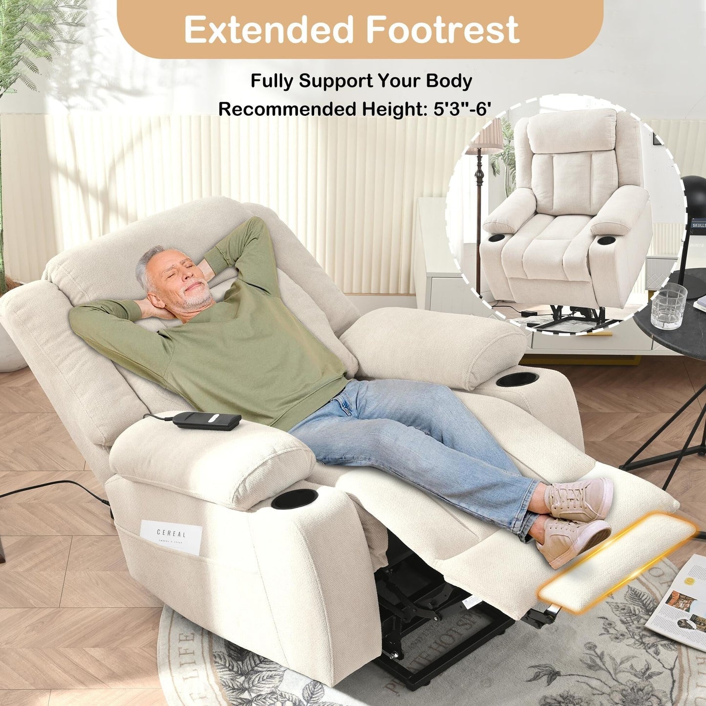 Fauteuil releveur électrique pour personnes âgées, fauteuils releveurs en tissu avec repose-pieds extensible, avec 2 porte-gobelets, poches latérales, télécommande.