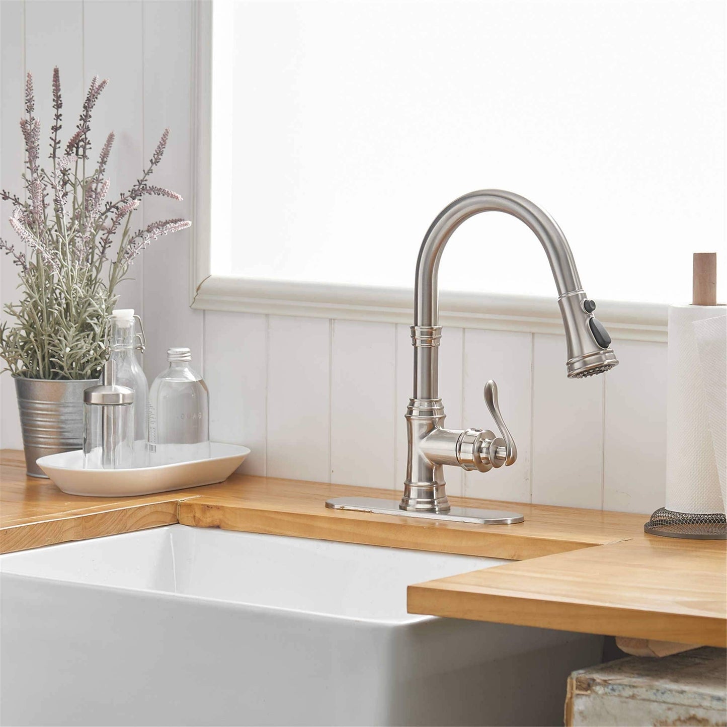 Robinet de cuisine à tirer, simple commande, moderne, à un trou, avec lanceur d'eau rétractable, pour évier de cuisine, avec plaque de montage.