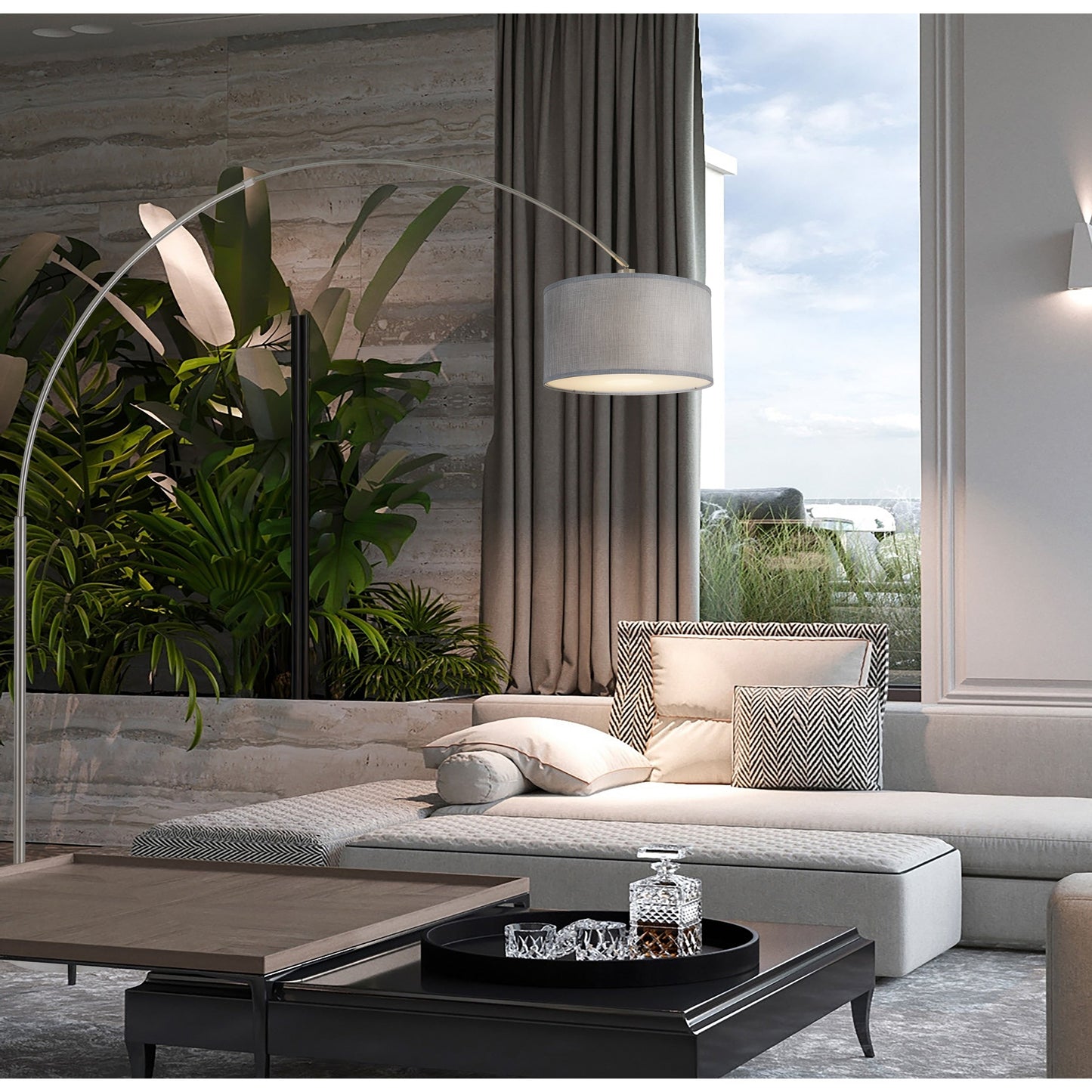 Lampe de sol à arche réglable en acier Q-Max 81 avec abat-jour extra large et socle en marbre