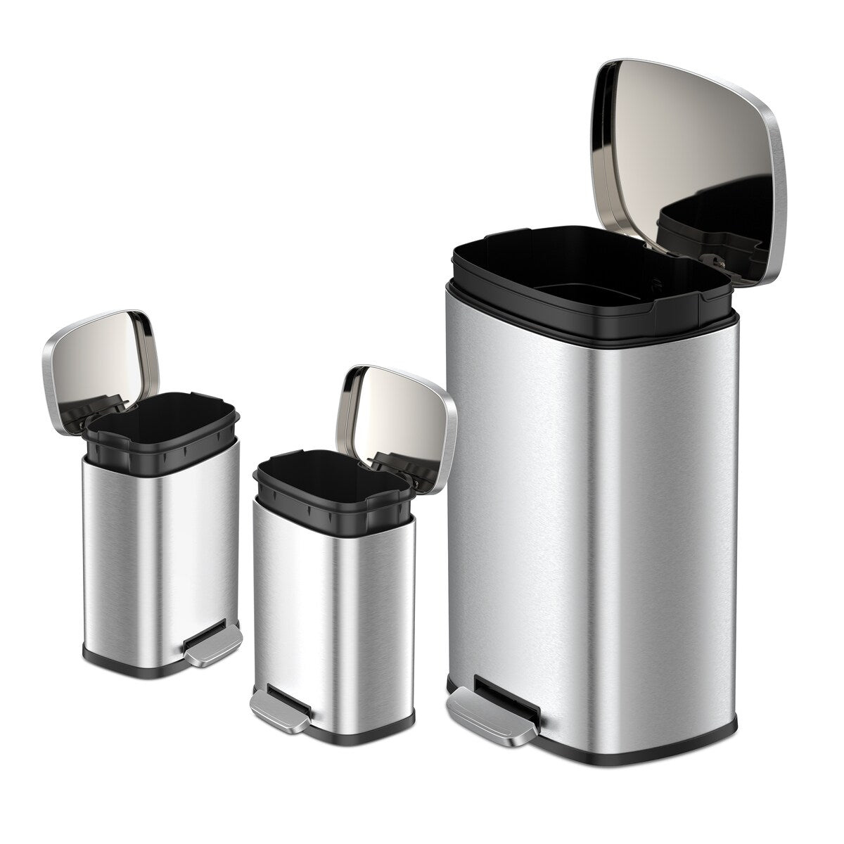Qualiazero 13.2 GAL plus DEUX poubelles rectangulaires à ouverture par pied de 1.3 GAL - Pack familial