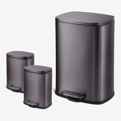 Qualiazero 13.2 GAL plus DEUX poubelles rectangulaires à ouverture par pied de 1.3 GAL - Pack familial
