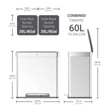 Qualiazero Poubelle de recyclage rectangulaire à pédale de 16 gallons (8 gallons pour la partie double) - Acier inoxydable