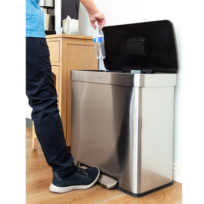 Qualiazero Poubelle de recyclage rectangulaire à pédale de 16 gallons (8 gallons pour la partie double) - Acier inoxydable