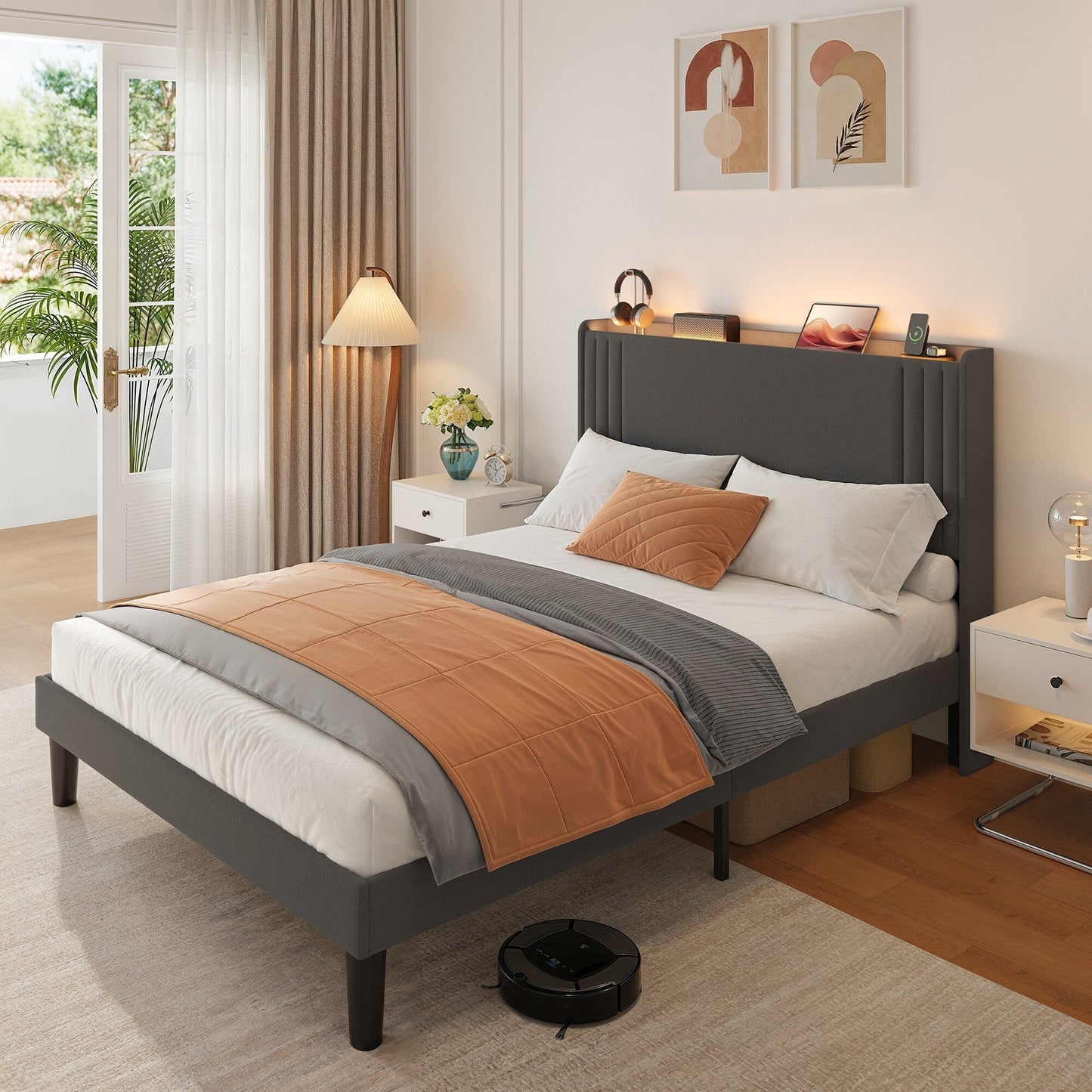 Lit capitonné avec chevet à oreilles et capitonnage vertical, taille Queen/Double