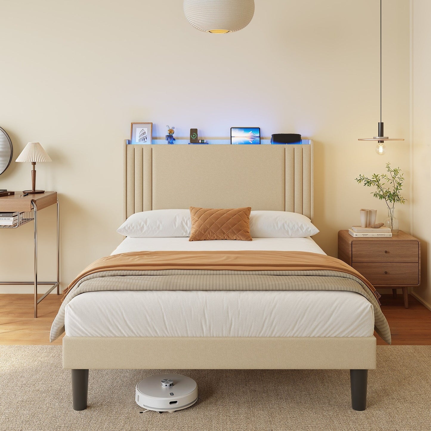 Lit capitonné avec chevet à oreilles et capitonnage vertical, taille Queen/Double