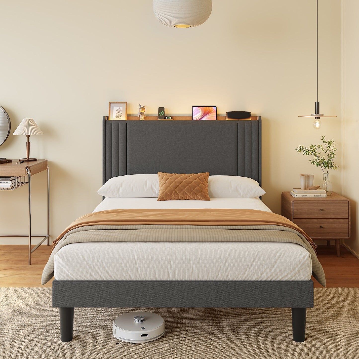 Lit capitonné avec chevet à oreilles et capitonnage vertical, taille Queen/Double