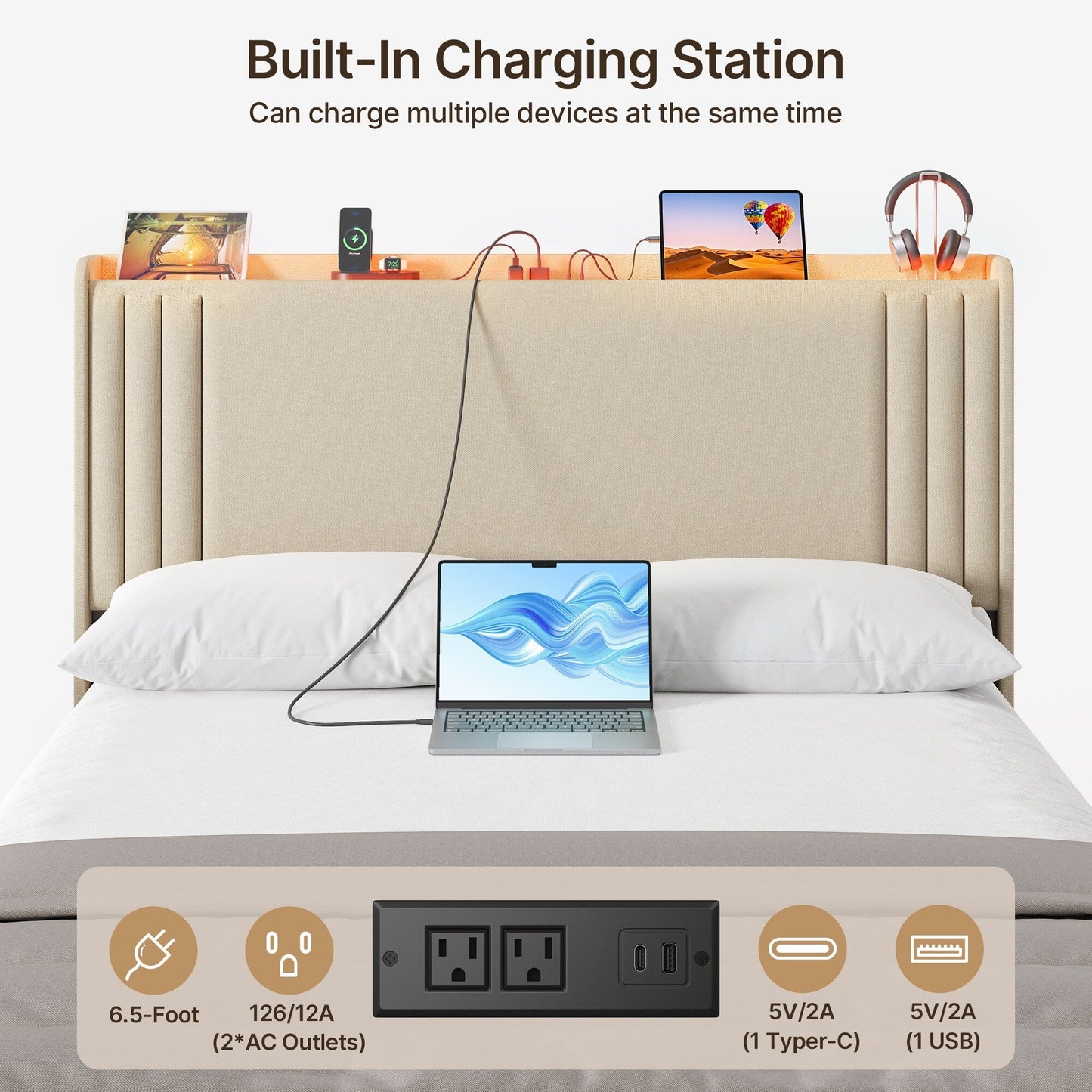 Lit capitonné avec chevet à oreilles et capitonnage vertical, taille Queen/Double