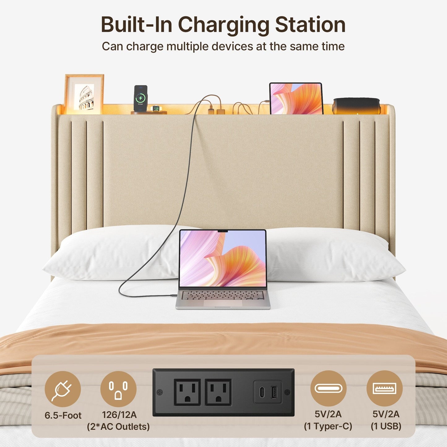 Lit capitonné avec chevet à oreilles et capitonnage vertical, taille Queen/Double