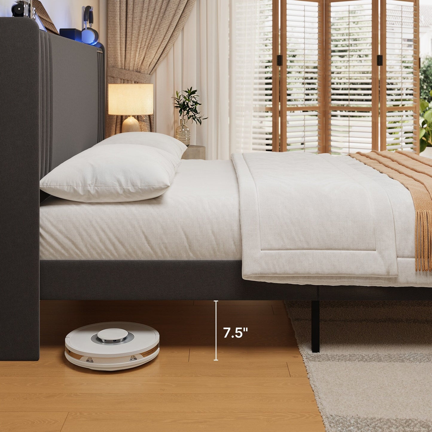 Lit capitonné avec chevet à oreilles et capitonnage vertical, taille Queen/Double