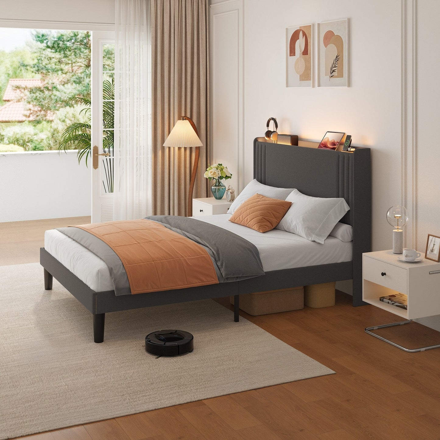 Lit capitonné avec chevet à oreilles et capitonnage vertical, taille Queen/Double