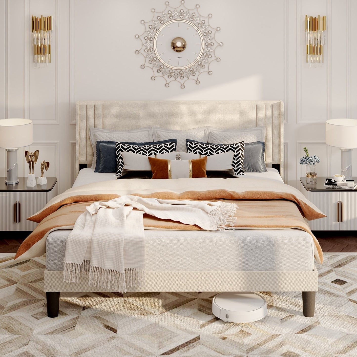 Lit capitonné avec chevet à oreilles et capitonnage vertical, taille Queen/Double