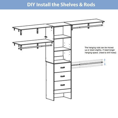 Rackcog Organisateur de placard réglable de 305 cm avec tiroirs, système de rangement avec étagères personnalisables pour placard à l'italienne et placard à porte coulissante