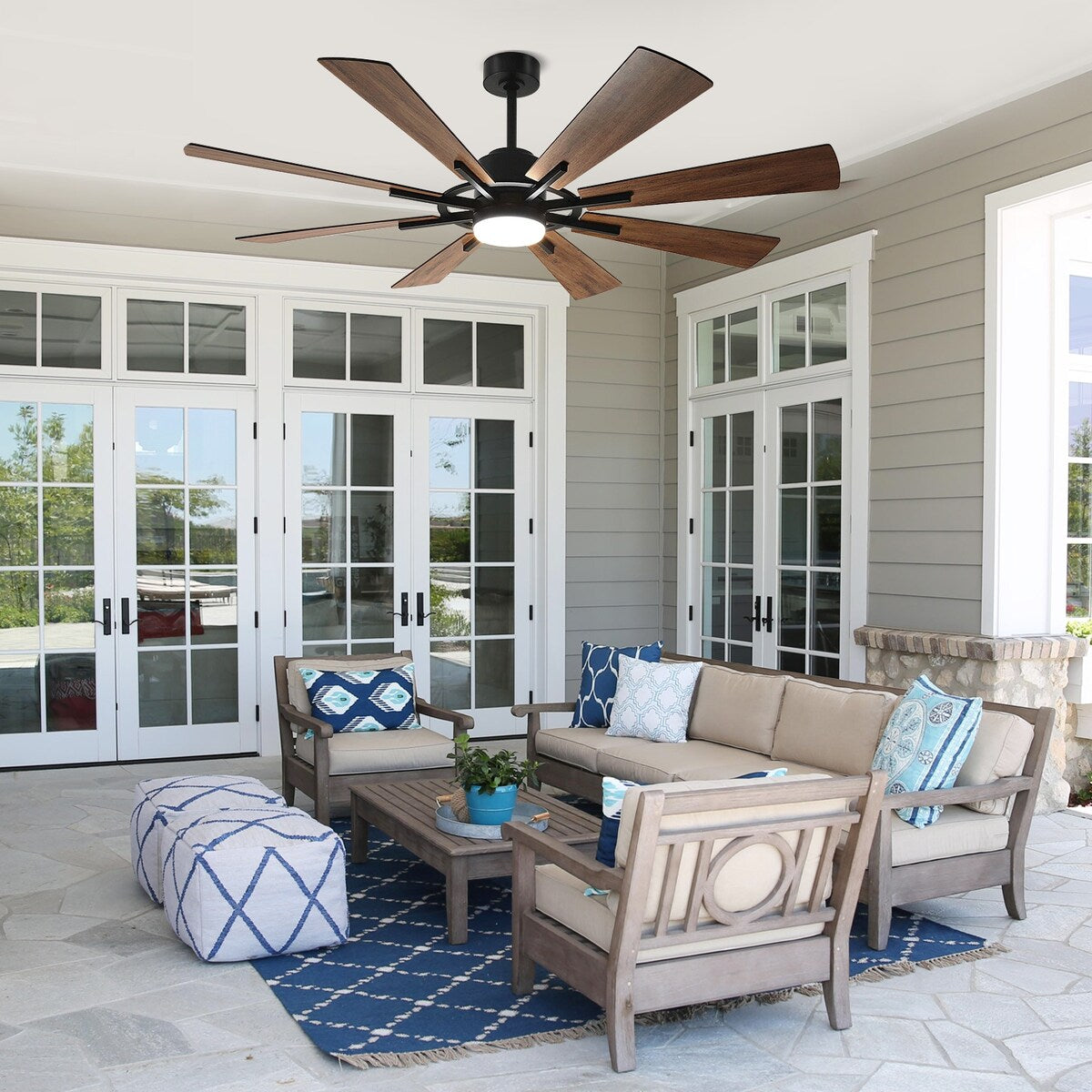 Ventilateur de plafond à télécommande avec éclairage, 8 pales en bois de grande taille