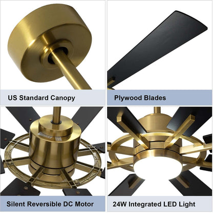 Ventilateur de plafond à télécommande avec éclairage, 8 pales en bois de grande taille