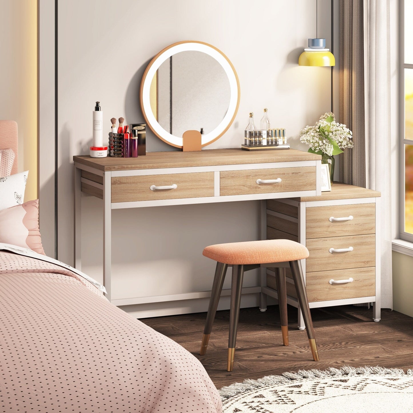 Bureau d'ordinateur réversible avec 5 tiroirs, bureau de travail à domicile avec tiroir pour classeur et support pour imprimante