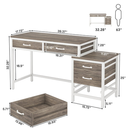 Bureau d'ordinateur réversible avec 5 tiroirs, bureau de travail à domicile avec tiroir pour classeur et support pour imprimante