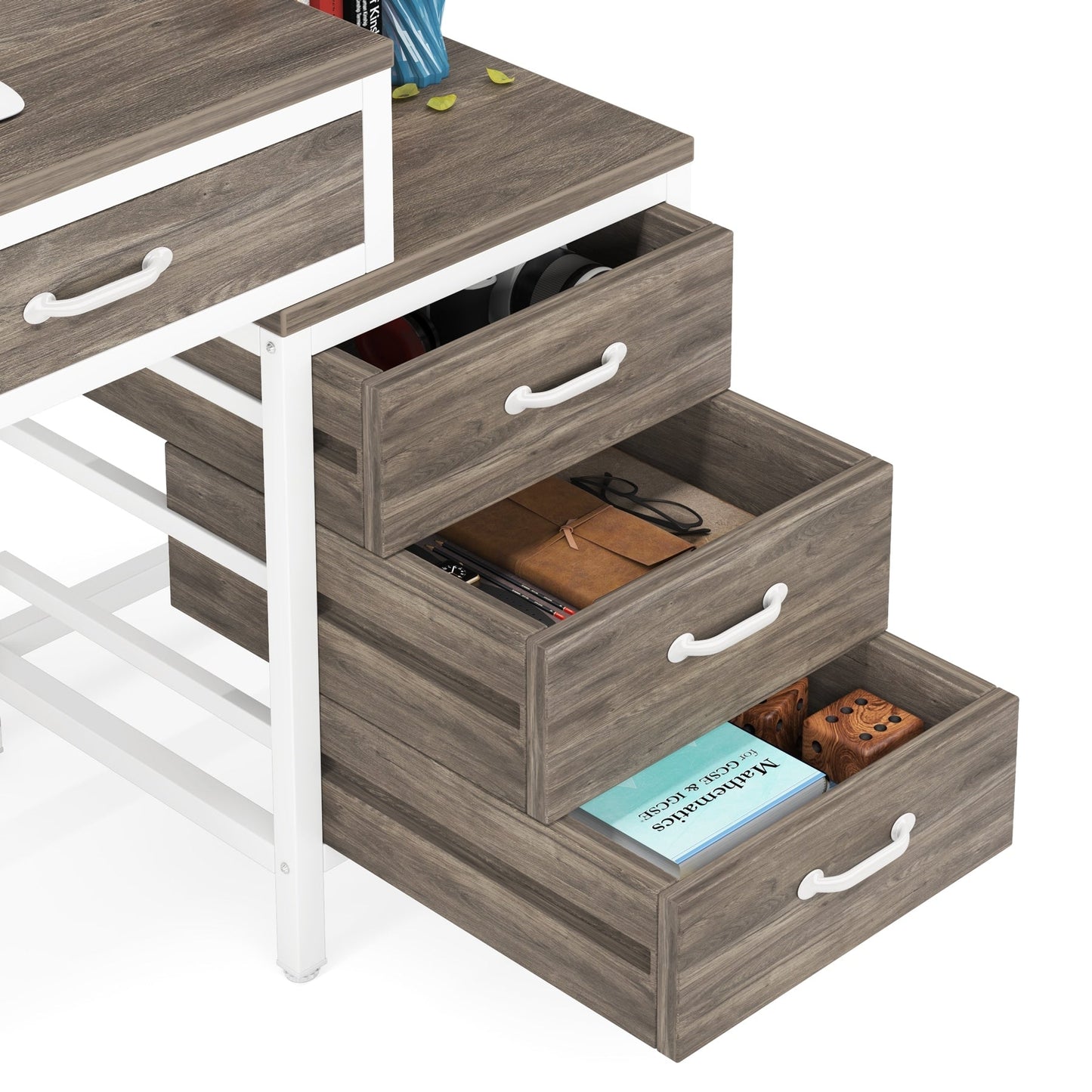 Bureau d'ordinateur réversible avec 5 tiroirs, bureau de travail à domicile avec tiroir pour classeur et support pour imprimante