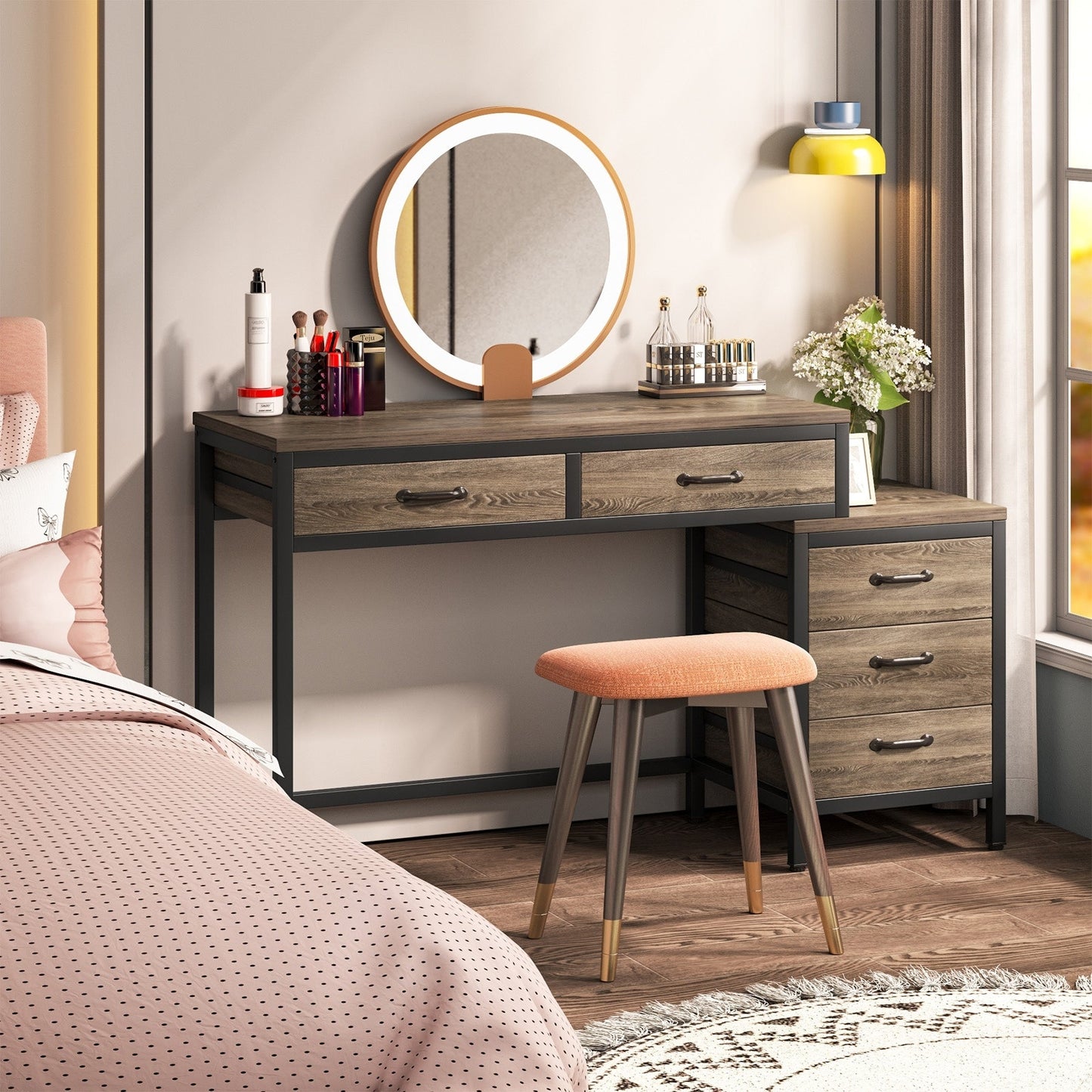 Bureau d'ordinateur réversible avec 5 tiroirs, bureau de travail à domicile avec tiroir pour classeur et support pour imprimante