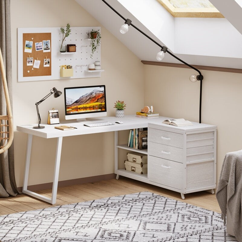 Bureau en forme de L réversible avec tiroirs à dossiers, bureau d'ordinateur d'angle