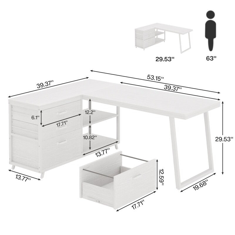 Bureau en forme de L réversible avec tiroirs à dossiers, bureau d'ordinateur d'angle