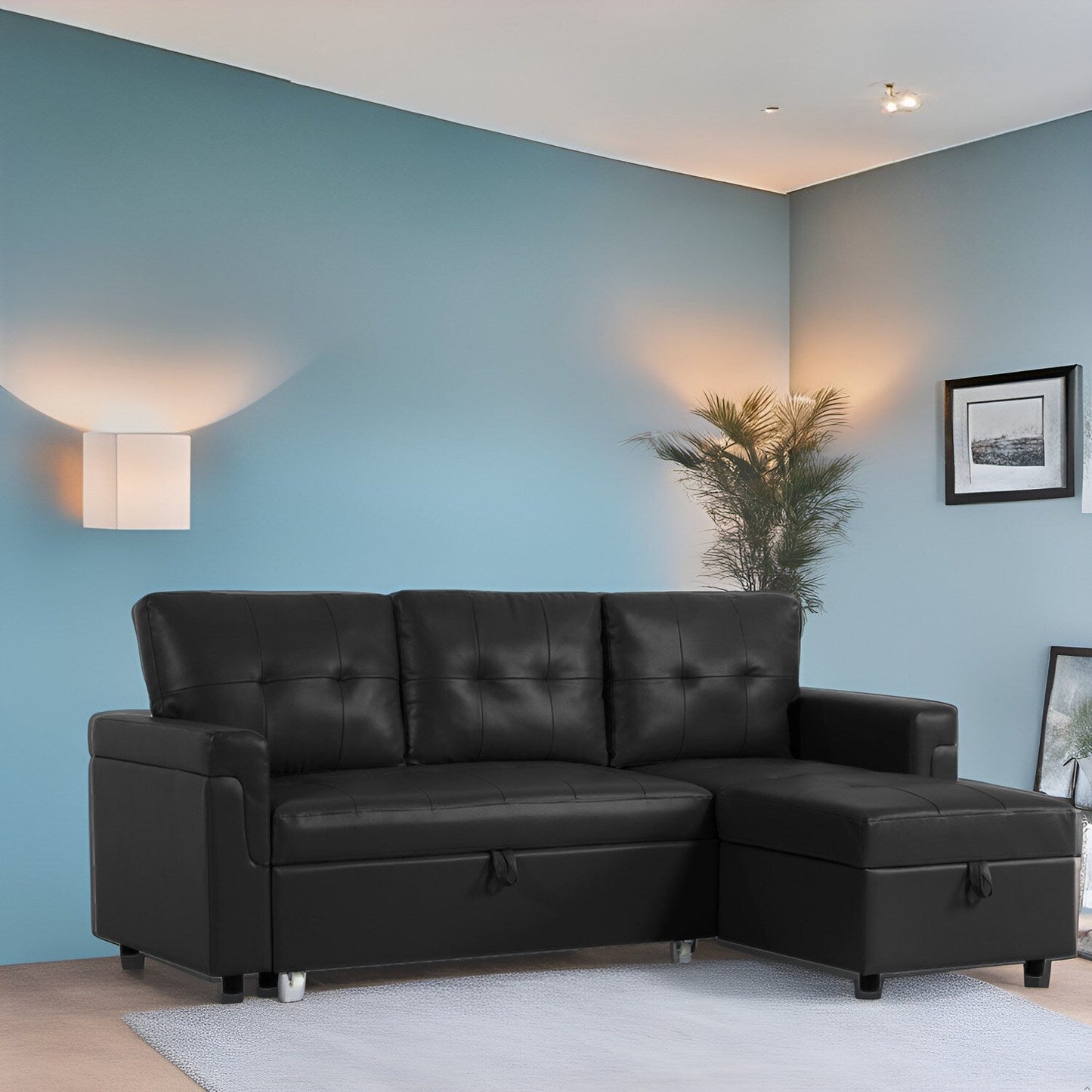 Canapé d'angle réversible avec lit escamotable, chaise longue avec rangement intégré, pieds robustes,