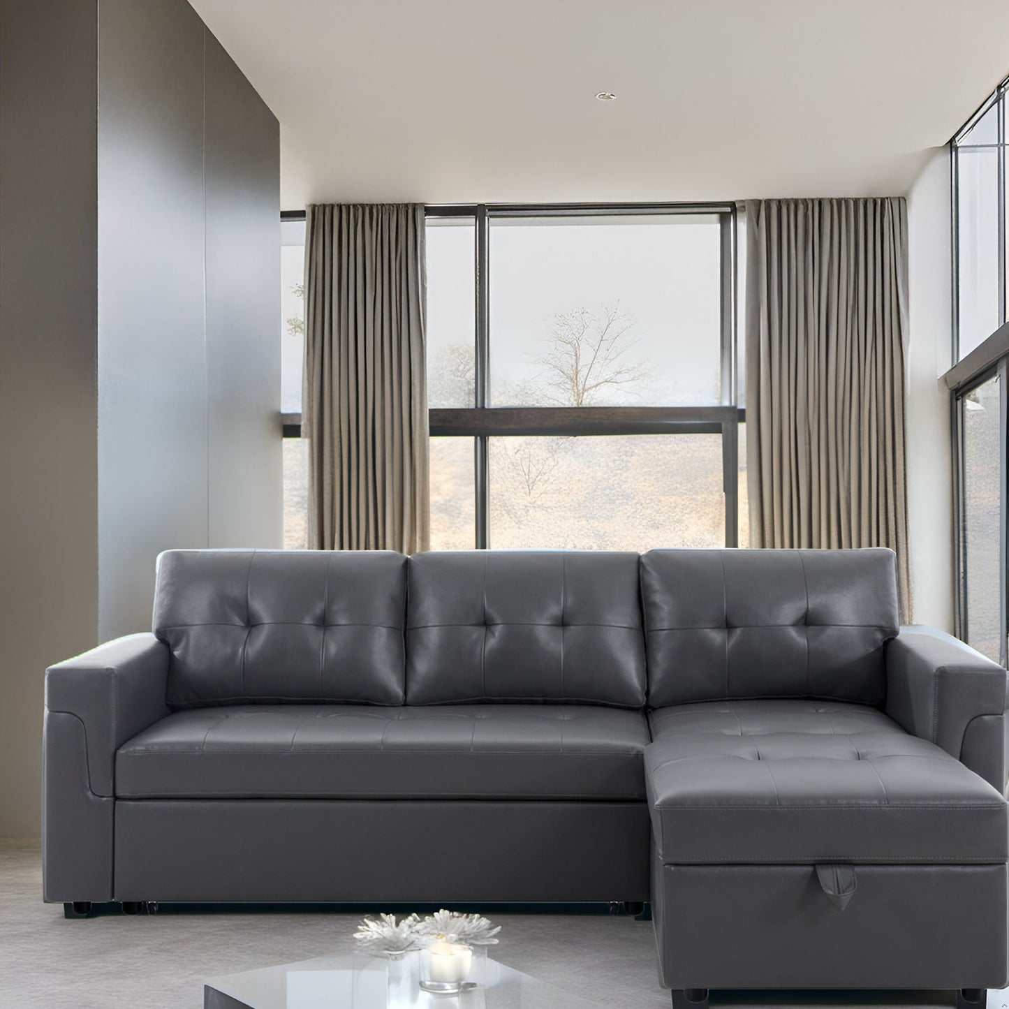 Canapé d'angle réversible avec lit escamotable, chaise longue avec rangement intégré, pieds robustes,