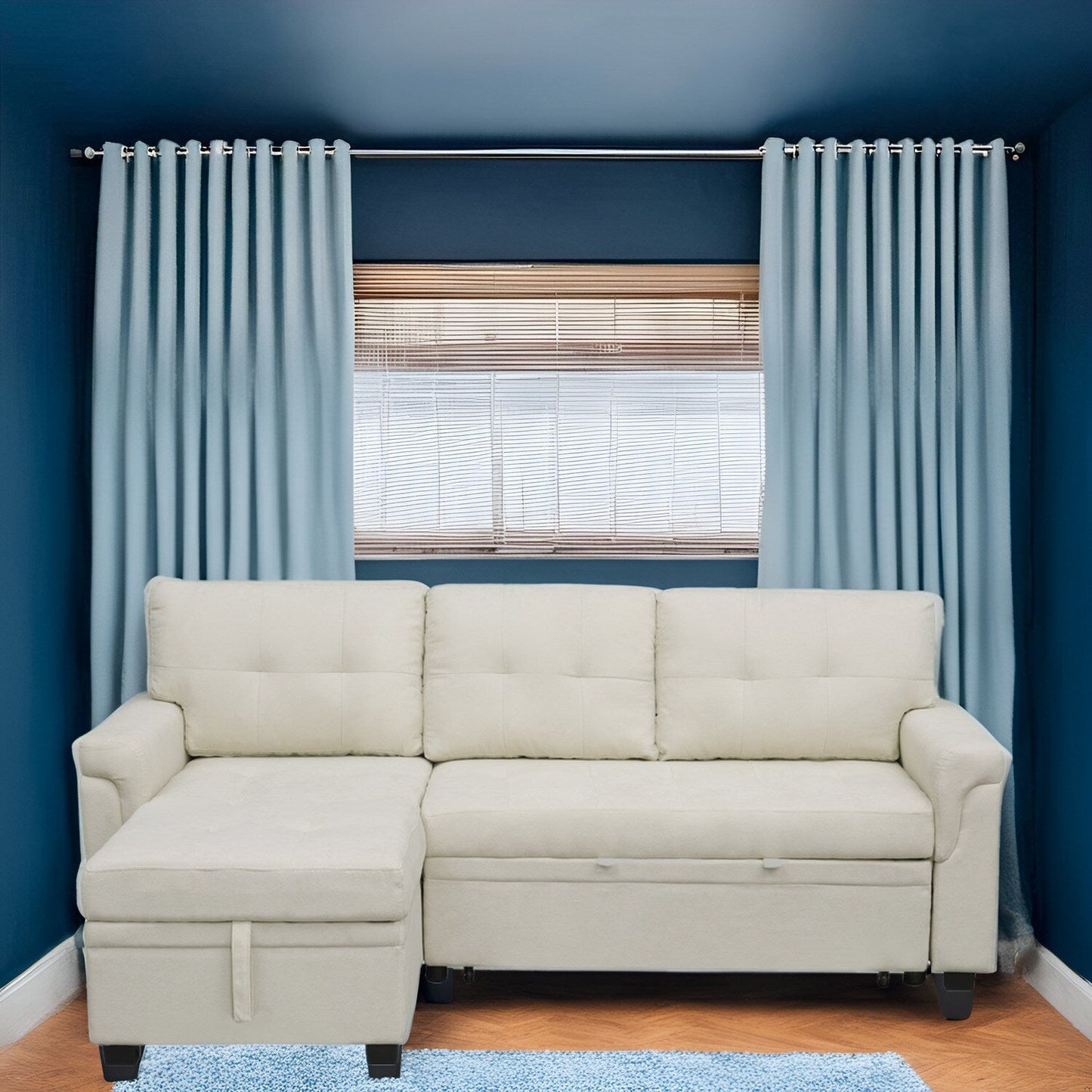 Canapé d'angle réversible avec lit escamotable, chaise longue avec rangement intégré, pieds robustes,