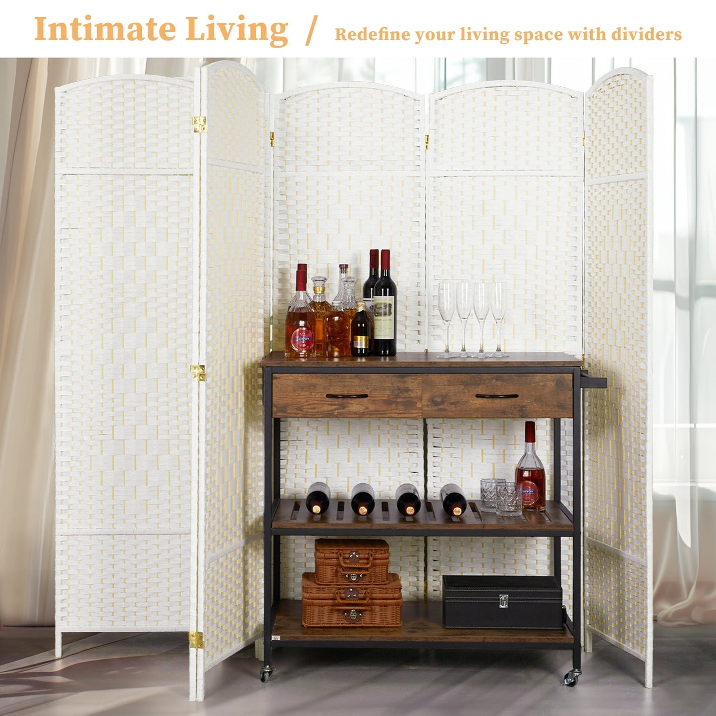 Paravent pliable, séparateur de pièce, hauteur 1,8 m, en fibre tressée, à poser au sol, pour plus d'intimité