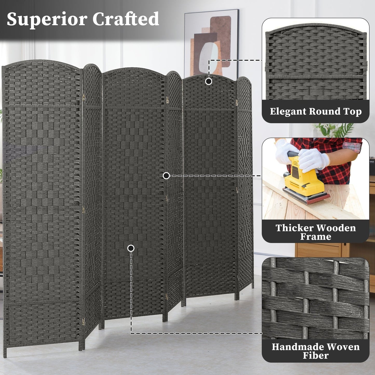 Paravent pliable, séparateur de pièce, hauteur 1,8 m, en fibre tressée, à poser au sol, pour plus d'intimité