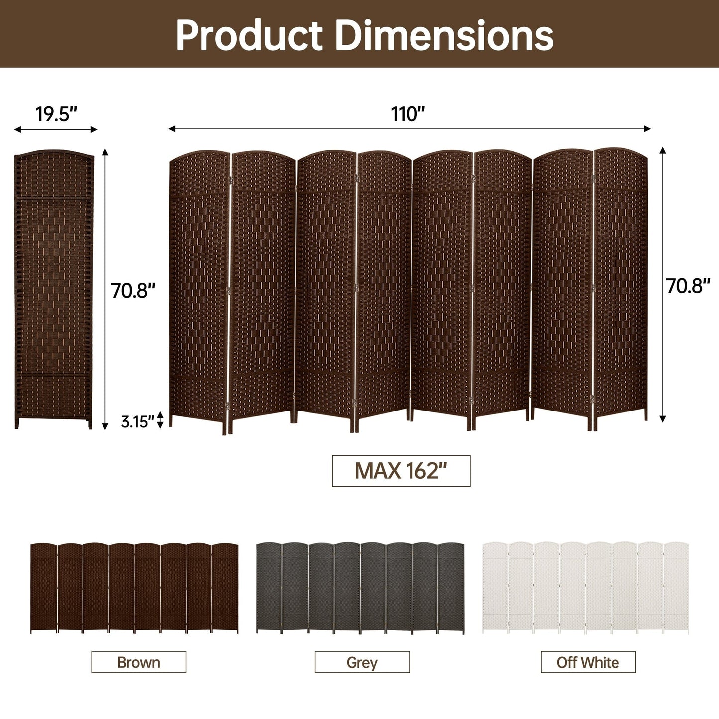 Paravent pliable, séparateur de pièce, hauteur 1,8 m, en fibre tressée, à poser au sol, pour plus d'intimité