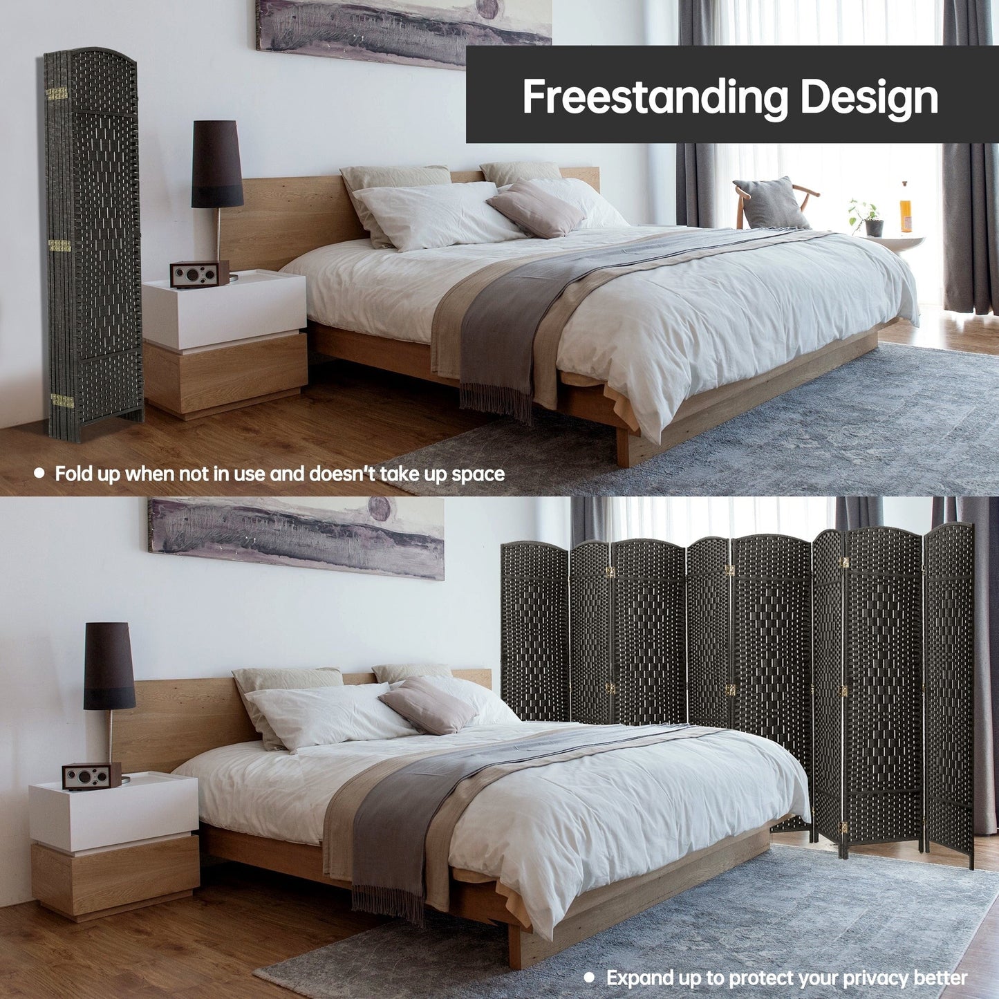 Paravent pliable, séparateur de pièce, hauteur 1,8 m, en fibre tressée, à poser au sol, pour plus d'intimité