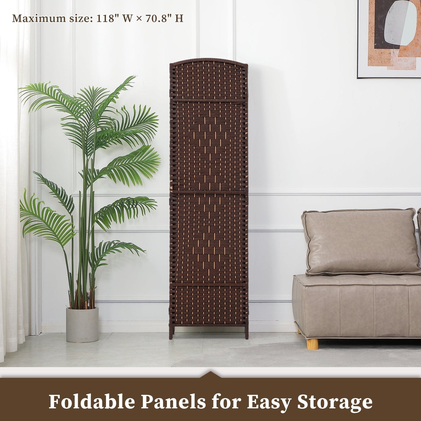 Paravent pliable, séparateur de pièce, hauteur 1,8 m, en fibre tressée, à poser au sol, pour plus d'intimité