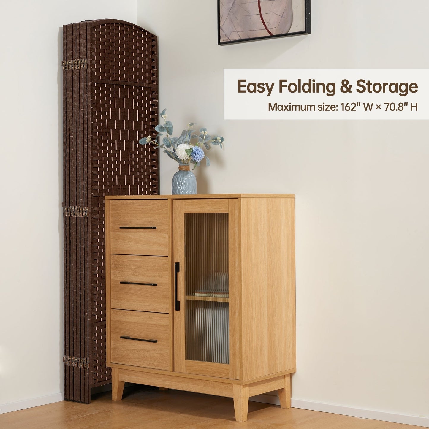 Paravent pliable, séparateur de pièce, hauteur 1,8 m, en fibre tressée, à poser au sol, pour plus d'intimité