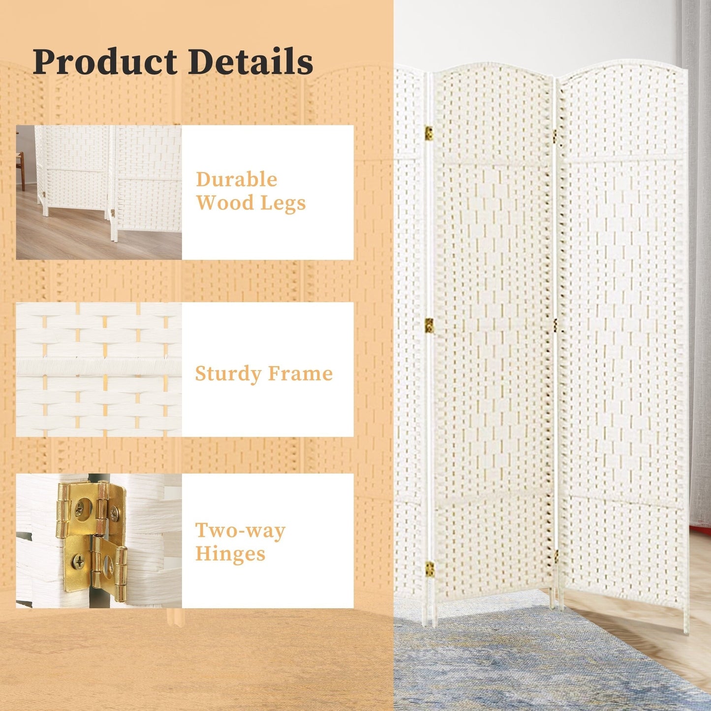 Paravent pliable, séparateur de pièce, hauteur 1,8 m, en fibre tressée, à poser au sol, pour plus d'intimité