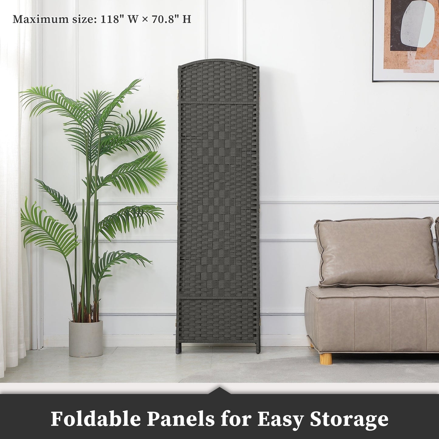 Paravent pliable, séparateur de pièce, hauteur 1,8 m, en fibre tressée, à poser au sol, pour plus d'intimité