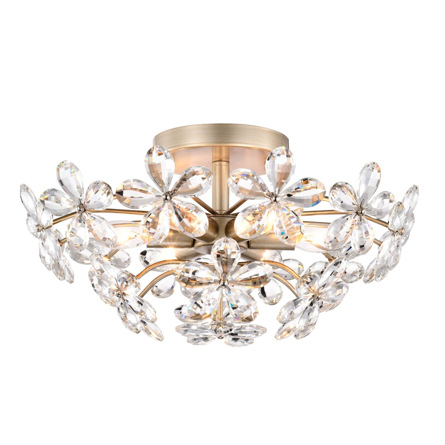 Rosa Plafonnier à 6 lumières avec cristaux en forme de fleur, couleur champagne argenté brossé - 45 cm de diamètre x 22 cm de hauteur