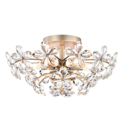 Rosa Plafonnier à 6 lumières avec cristaux en forme de fleur, couleur champagne argenté brossé - 45 cm de diamètre x 22 cm de hauteur